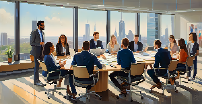 A diverse group of professionals actively discussing around a conference table, with laptops and notes, in a bright room with a city view.