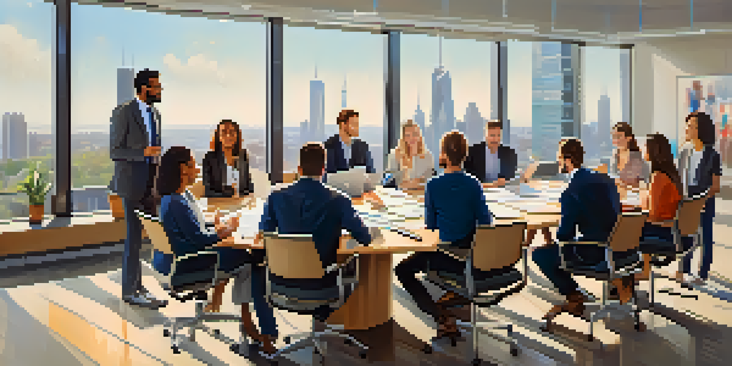 A diverse group of professionals actively discussing around a conference table, with laptops and notes, in a bright room with a city view.