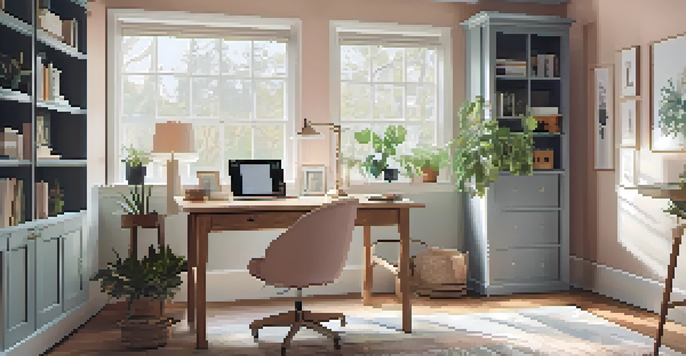 A comfortable home office with a wooden desk, laptop, plant, and family photos, illuminated by natural light from a window.
