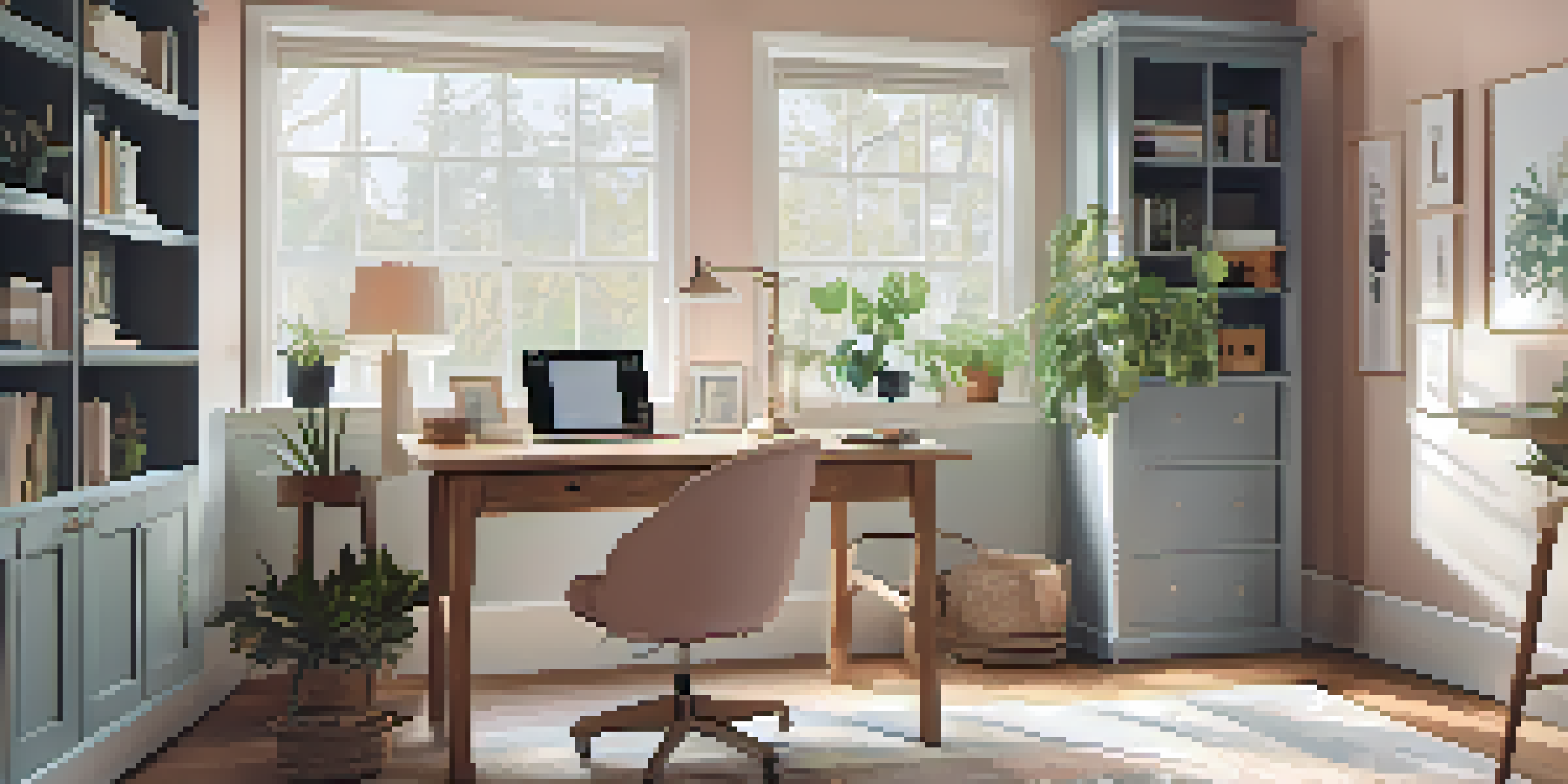 A comfortable home office with a wooden desk, laptop, plant, and family photos, illuminated by natural light from a window.