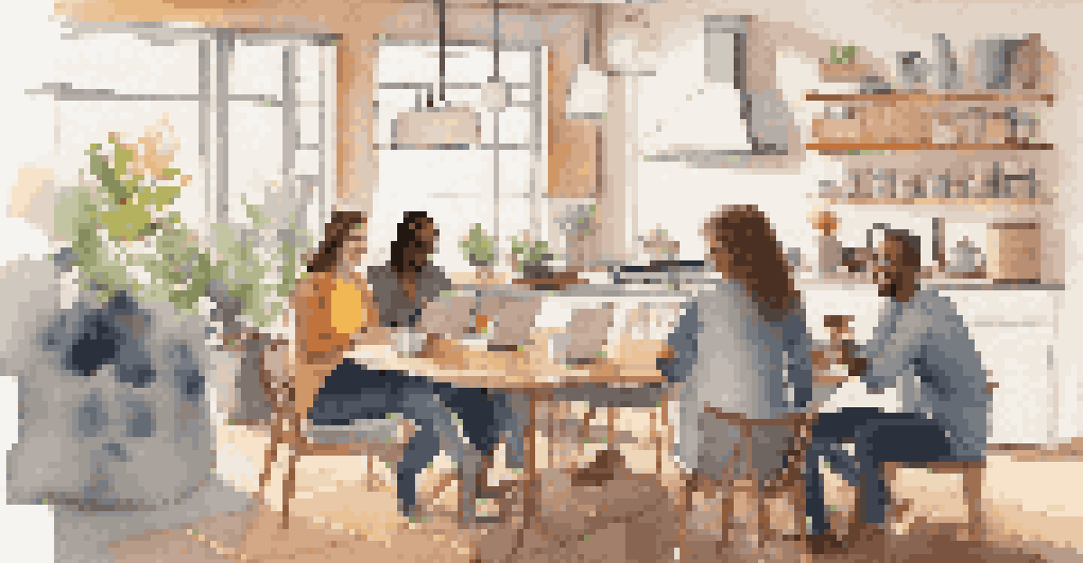 A virtual coffee break scene with remote team members smiling and chatting over coffee in a bright kitchen setting.