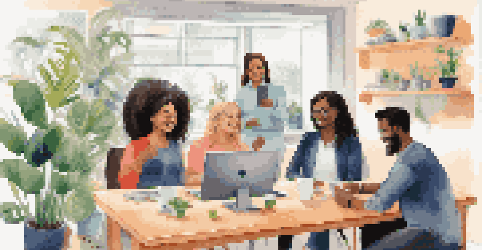 A virtual meeting with diverse employees participating from their home offices.
