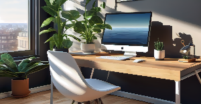 A bright and modern office workspace with a laptop, notebook, coffee cup, and sunlight streaming through the windows.