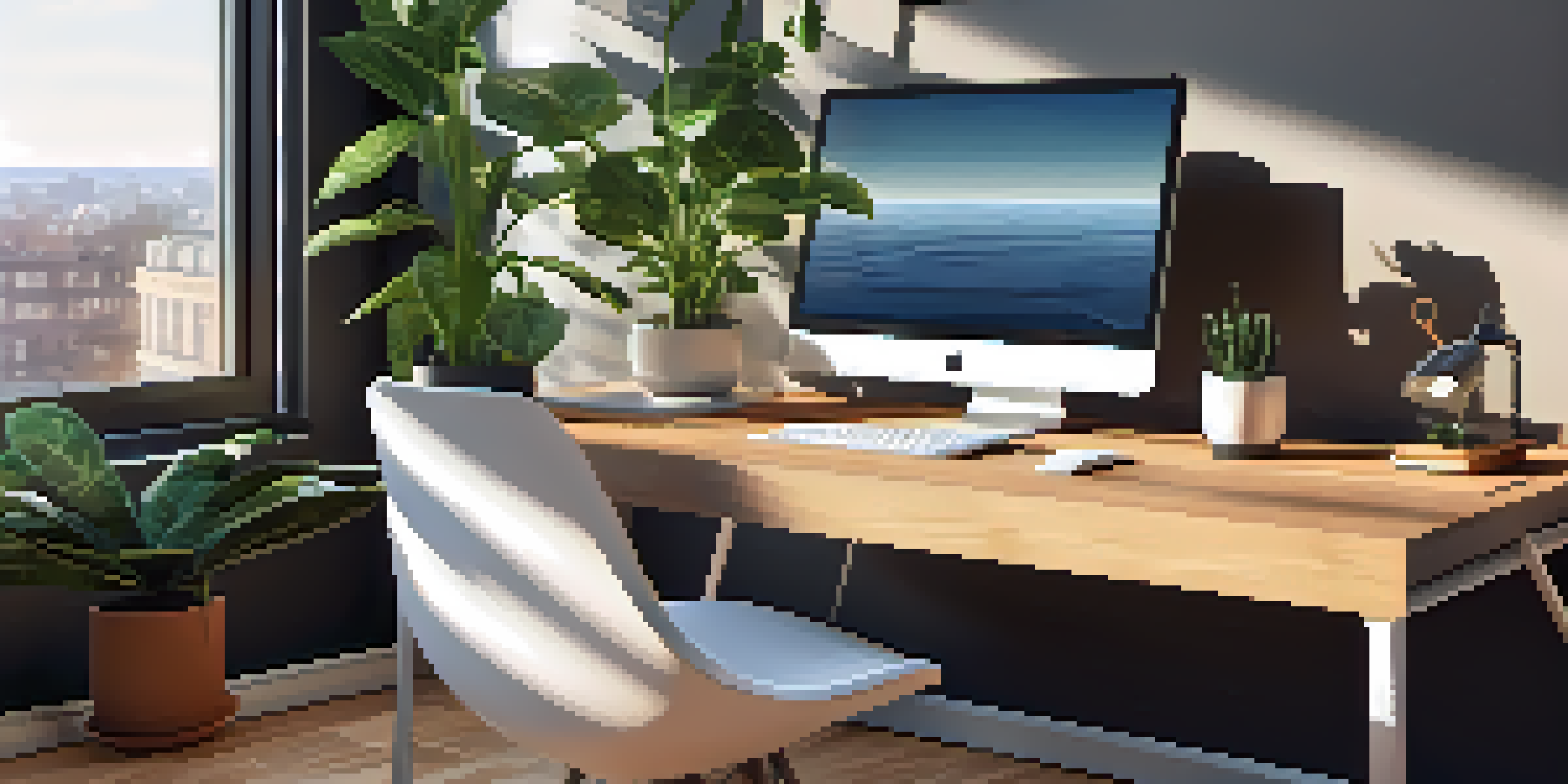 A bright and modern office workspace with a laptop, notebook, coffee cup, and sunlight streaming through the windows.