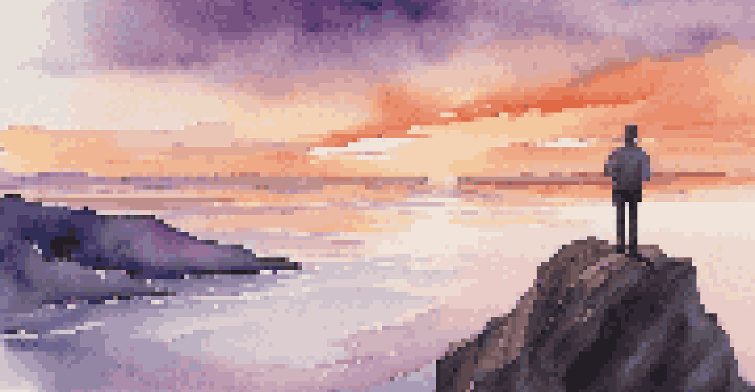A person on a cliff at sunset, looking over the ocean with a notebook in hand, symbolizing reflection and new beginnings.