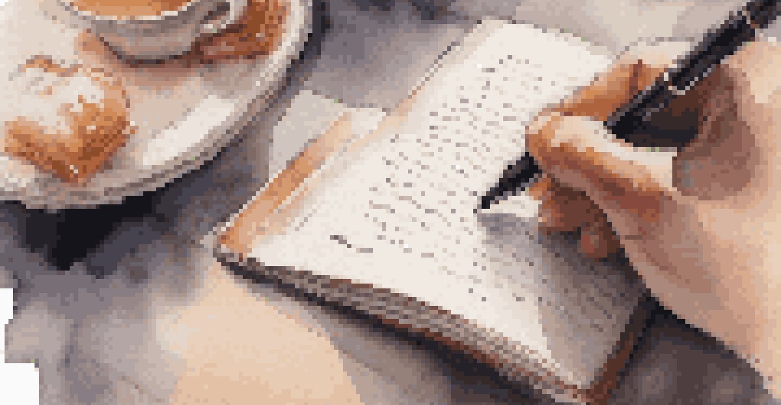 Hands writing in a journal with a pen, set in a cozy café environment with blurred background.