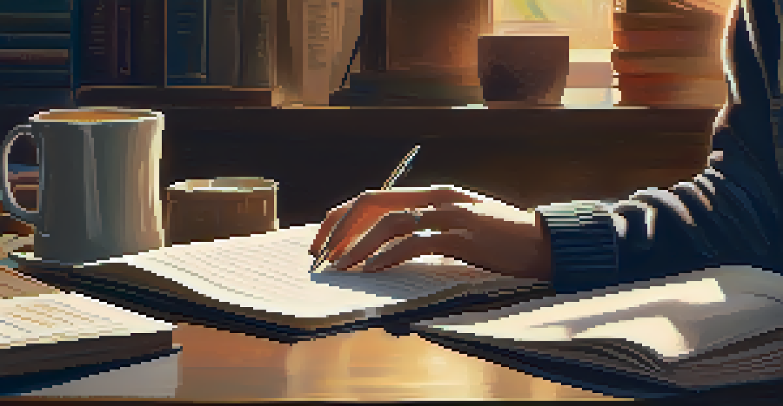 A person's hands typing on a laptop amidst books and a cup of coffee in a cozy workspace.