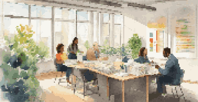 A diverse group of professionals discussing career assessments in a bright office with plants and charts on the walls.