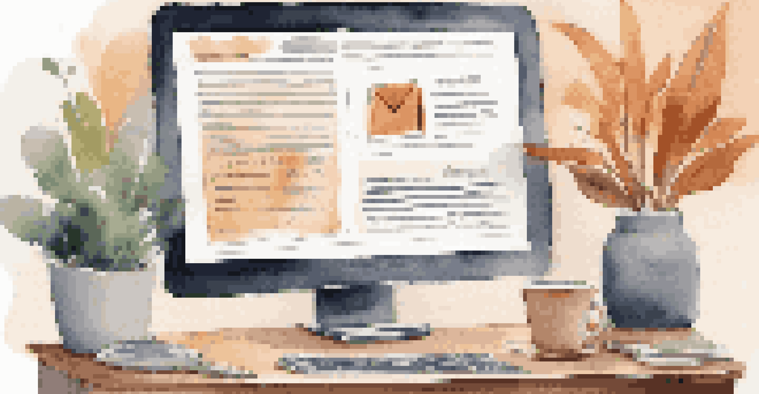 A computer screen displaying an email newsletter design for marketing, with a notepad and tea cup in a warm, inviting workspace.