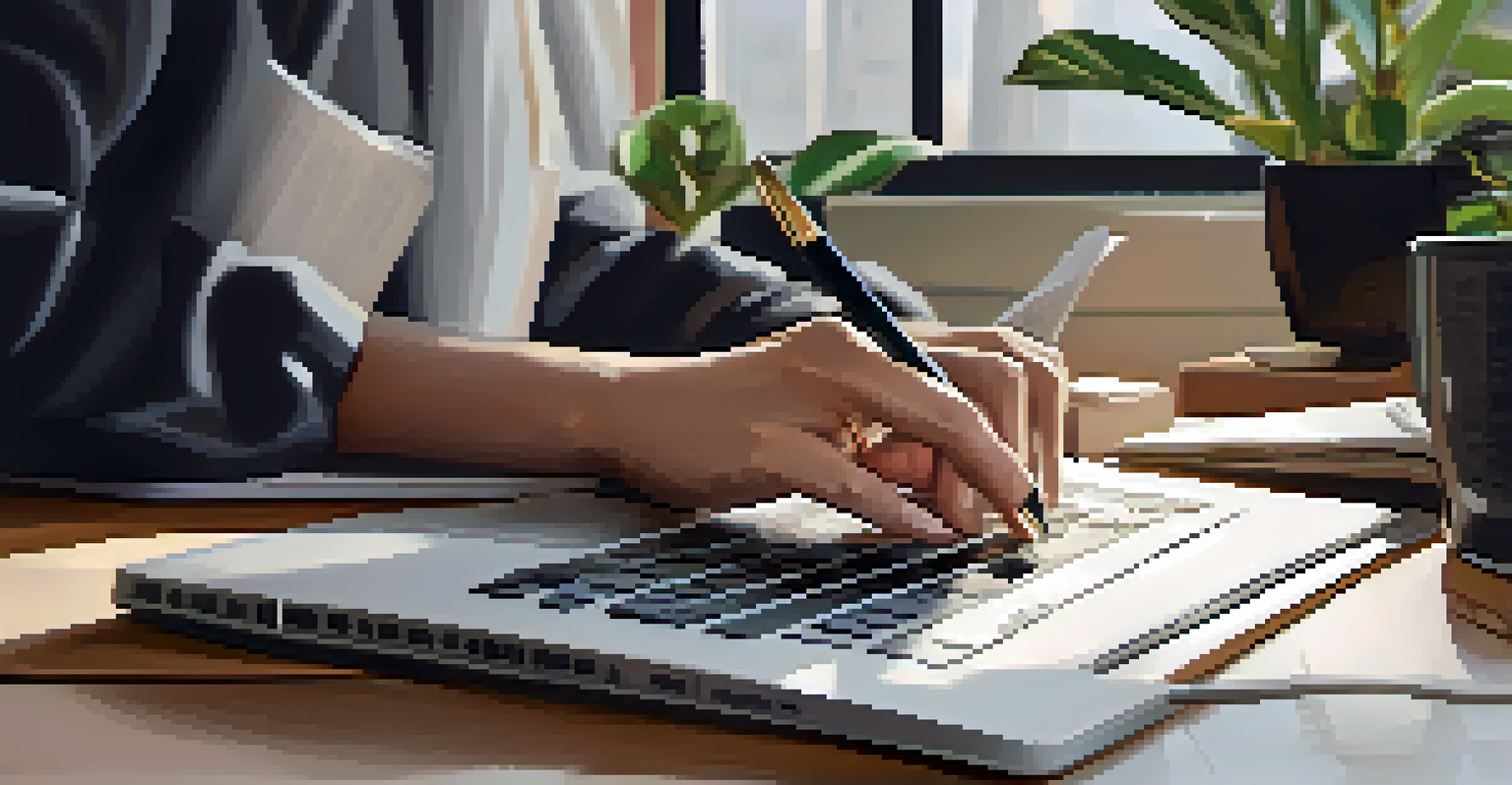 A close-up of hands typing on a laptop, with notes on career goals and a cup of coffee nearby.