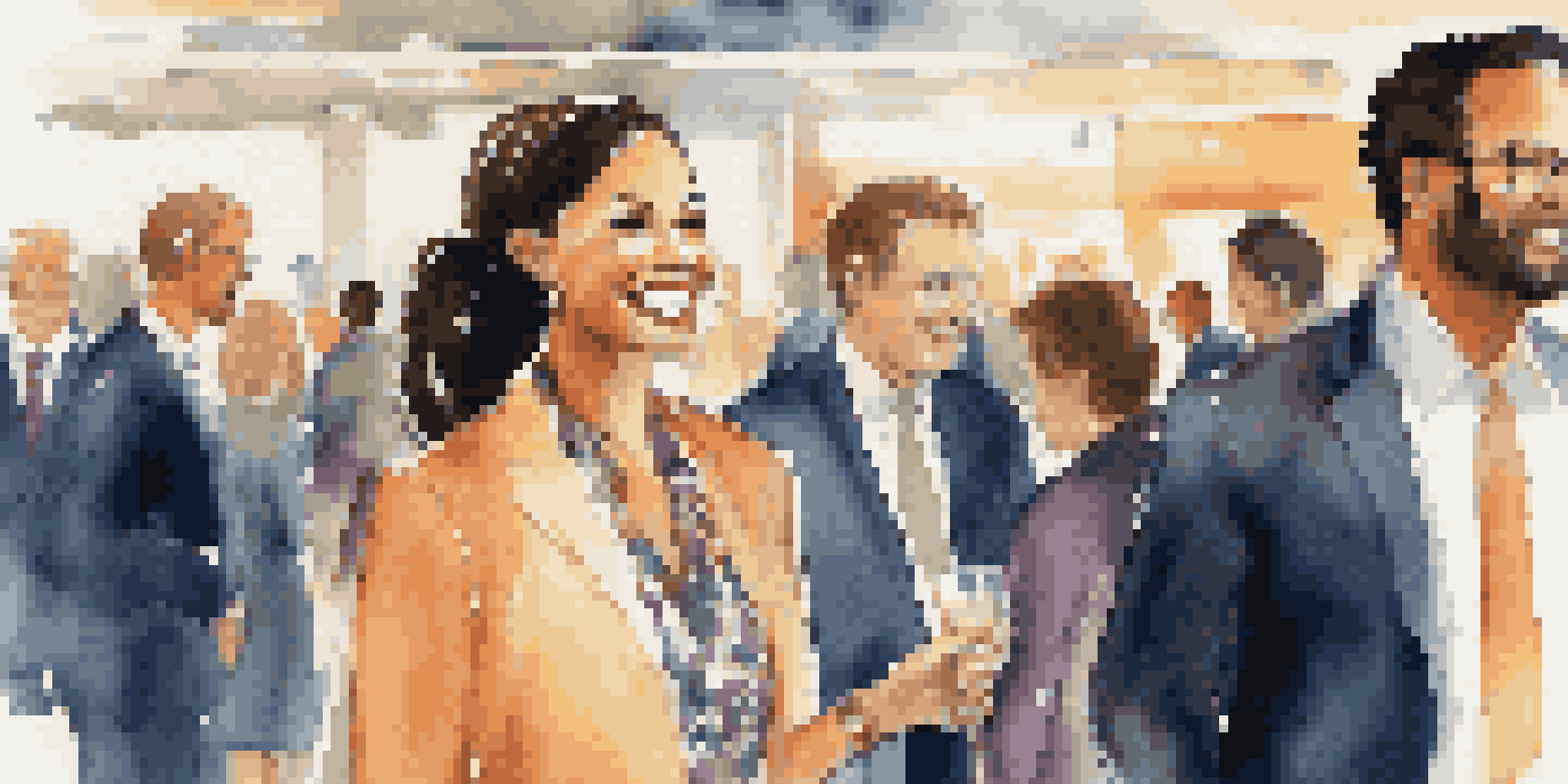 A professional woman networking at an event, smiling and engaging with others in a warm and inviting atmosphere.