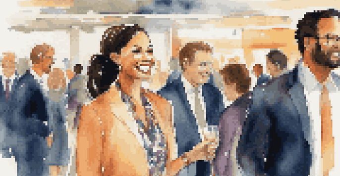 A professional woman networking at an event, smiling and engaging with others in a warm and inviting atmosphere.