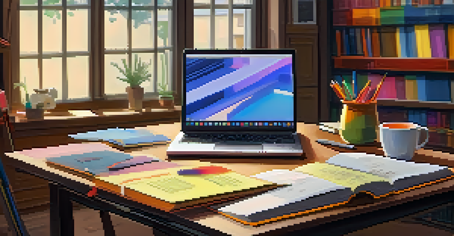 An open book and pen surrounded by sticky notes and a laptop in a cozy study with warm lighting and bookshelves.