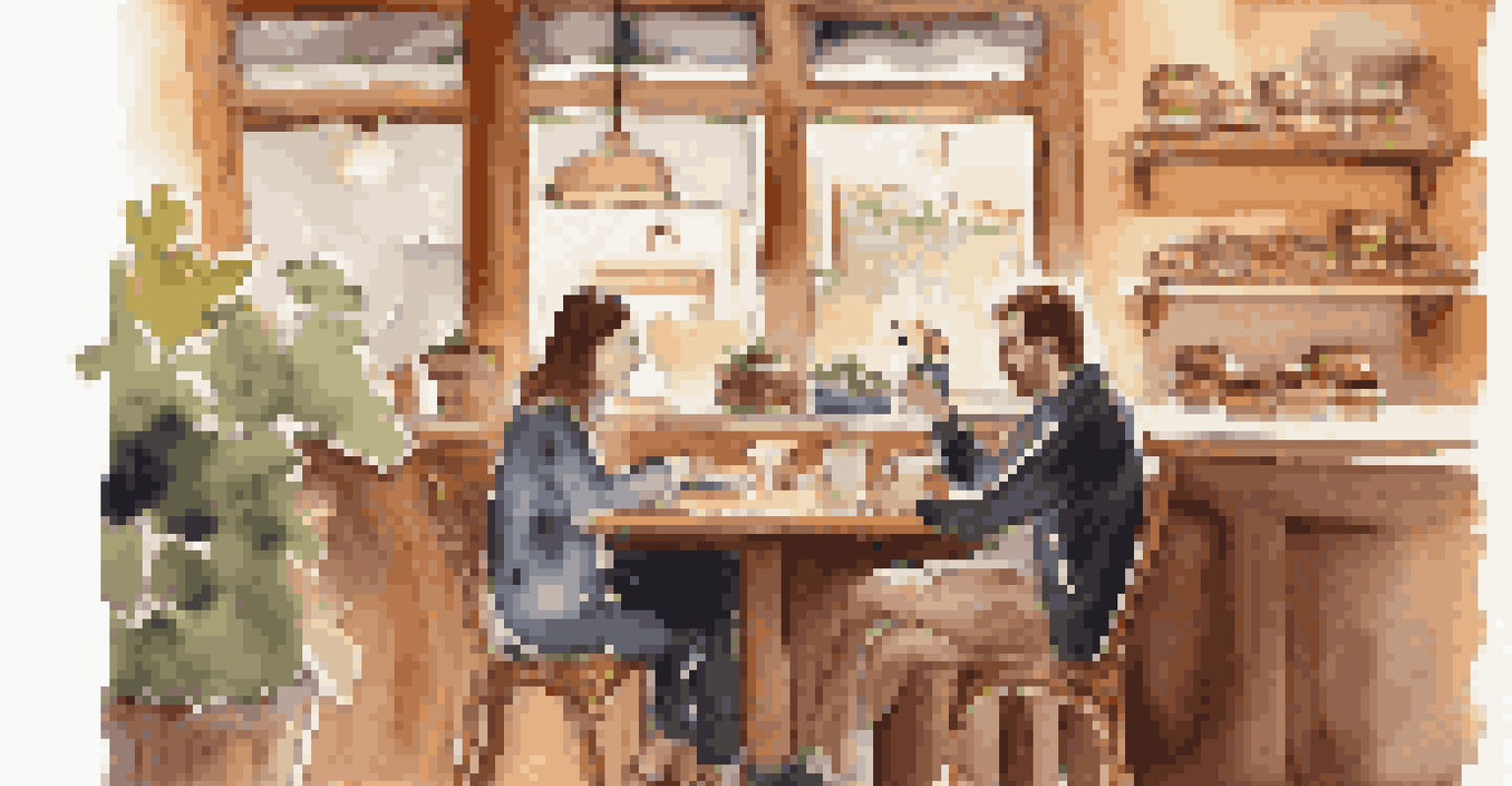 Two individuals engaged in an informational interview at a coffee shop, with one taking notes.