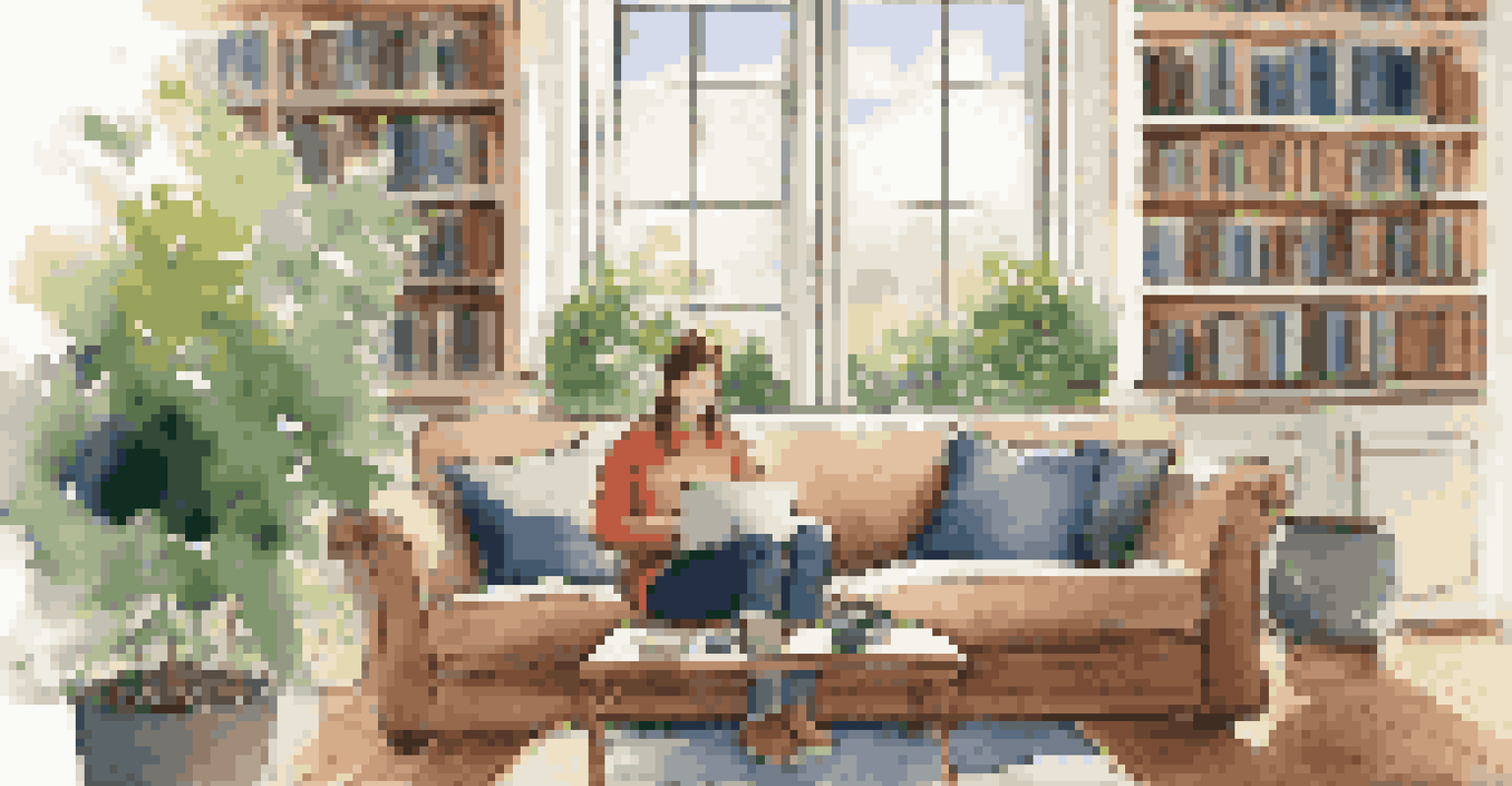 A person working on a laptop while sitting on a sofa, with a coffee cup and a view of greenery through the window.