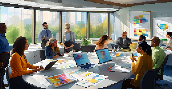 A diverse group of professionals in a bright office setting discussing and engaging in a workshop on continuing education.