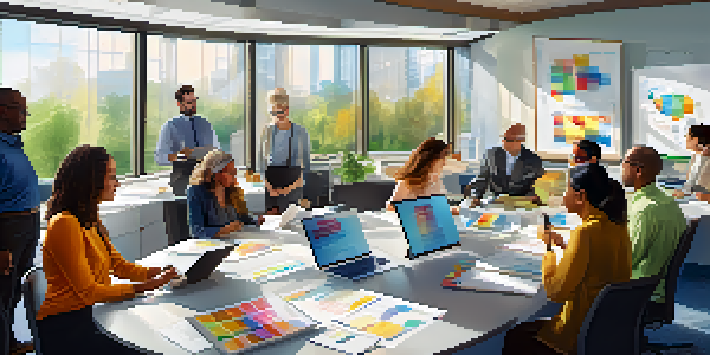 A diverse group of professionals in a bright office setting discussing and engaging in a workshop on continuing education.