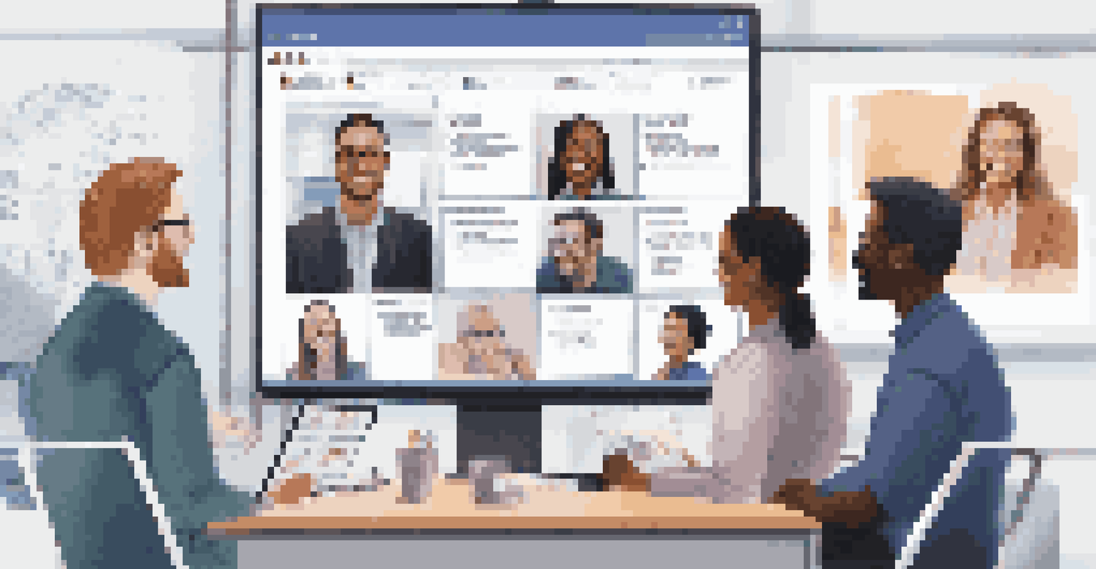 A computer screen displaying a virtual team meeting with diverse members engaged in discussion.