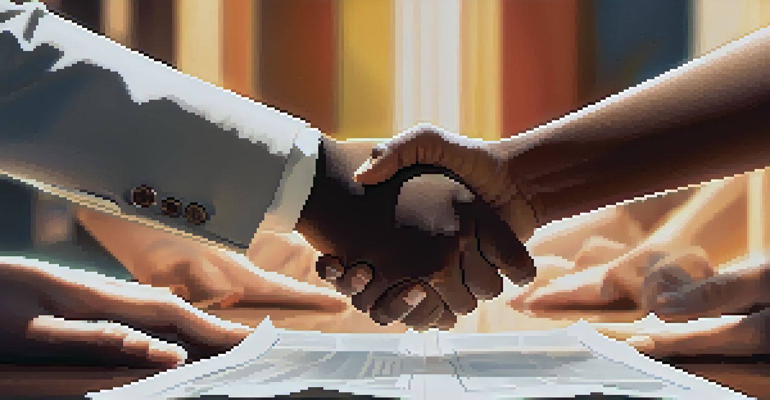 A close-up of two hands shaking in agreement, symbolizing conflict resolution, with a blurred background of a collaborative team working together.