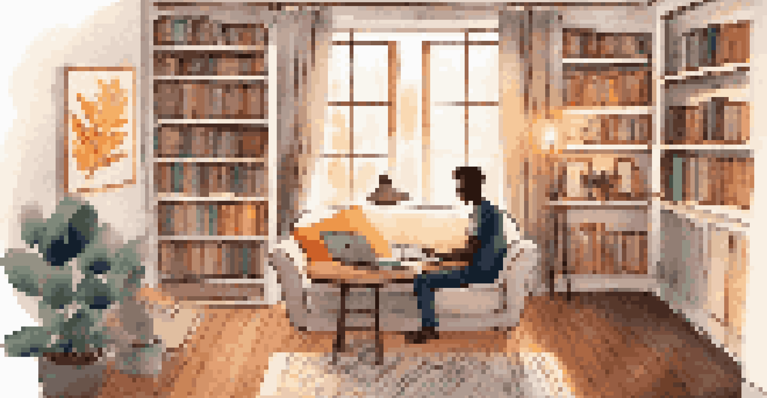 A person participating in an online workshop in a cozy living room, with a laptop on their lap, surrounded by bookshelves and warm lighting.