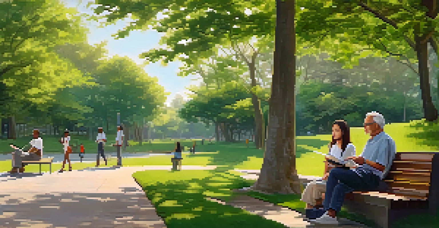 A mentor and mentee discussing ideas on a park bench surrounded by greenery.