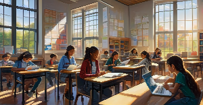 A bright classroom filled with diverse students actively learning and collaborating on a project under natural sunlight.