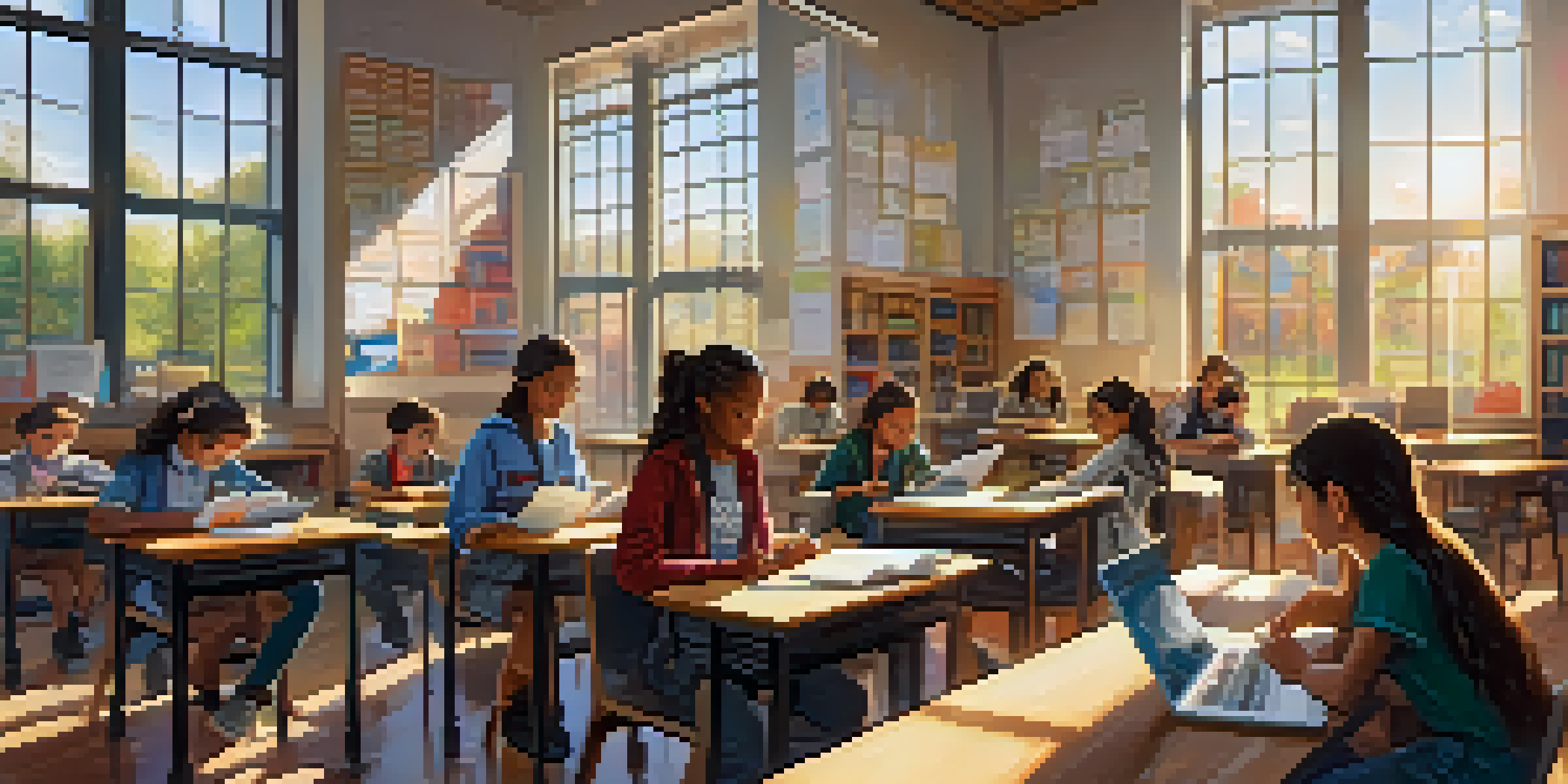 A bright classroom filled with diverse students actively learning and collaborating on a project under natural sunlight.