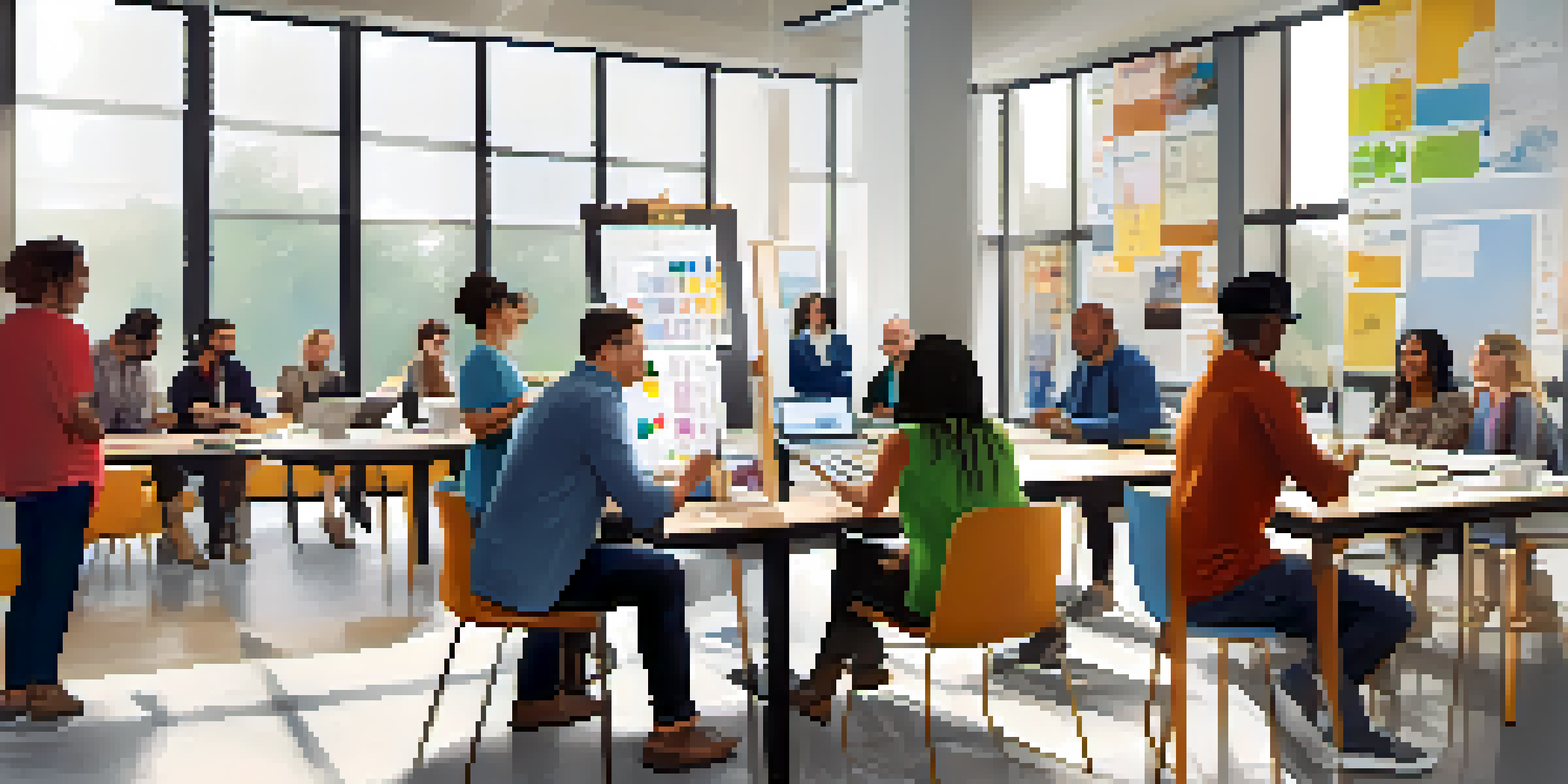 A diverse group of professionals working together in a bright workshop, sharing ideas and using technology.