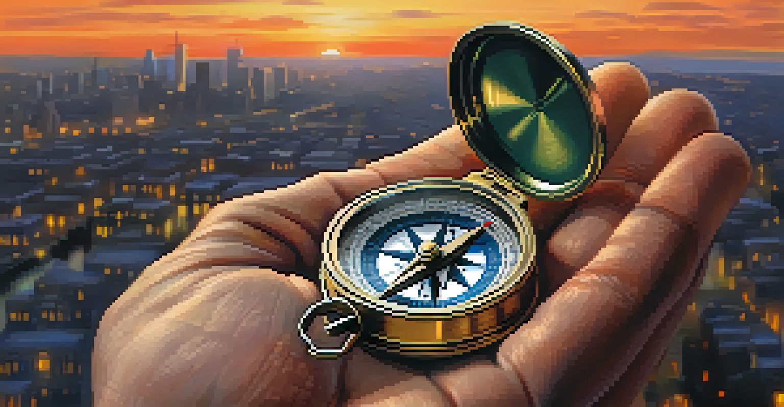 A hand holding a detailed compass against a blurred city skyline at dusk, symbolizing guidance in ethical decision-making.
