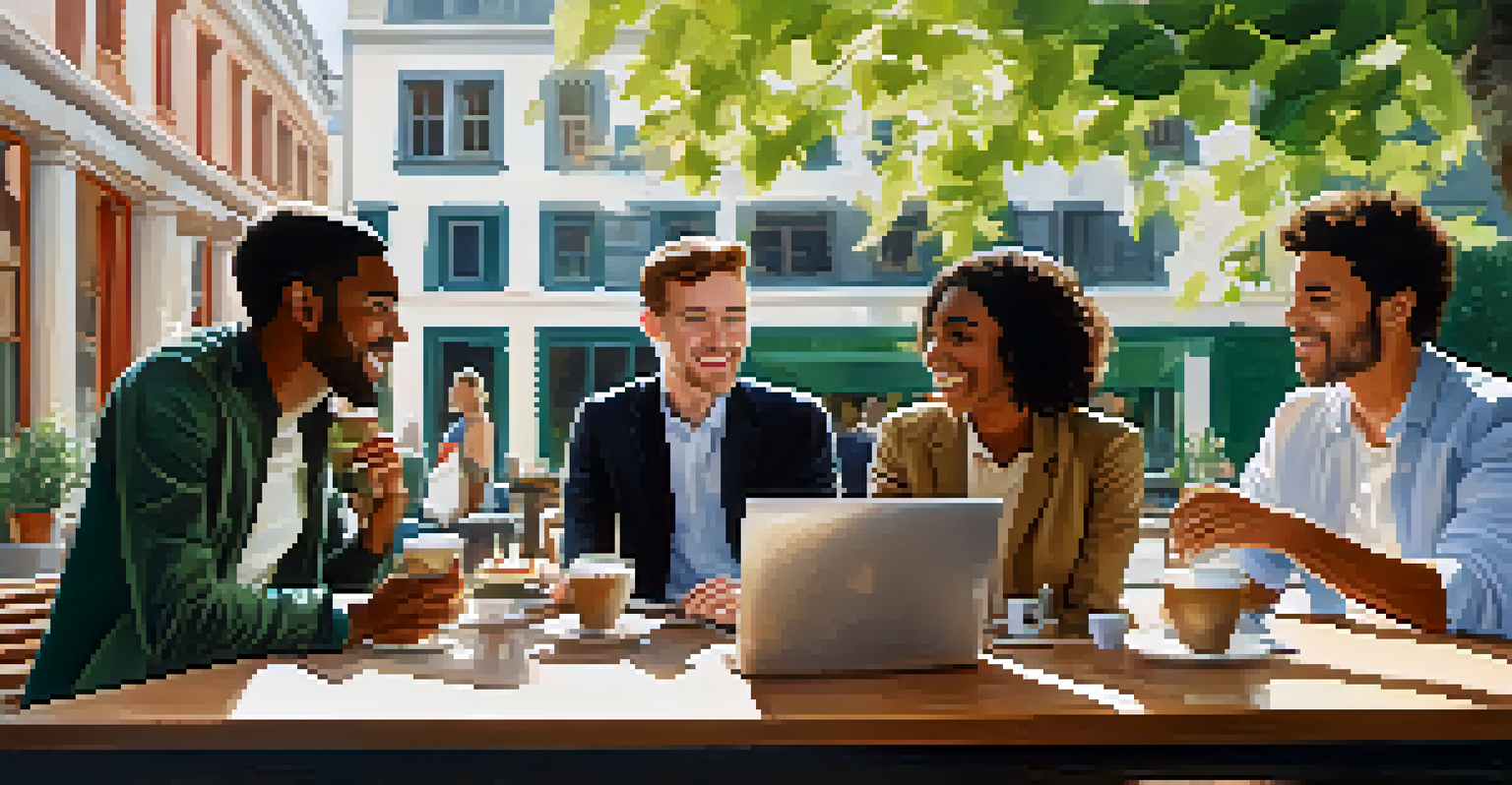 A group of young professionals discussing feedback and experiences over coffee at a café, surrounded by greenery.