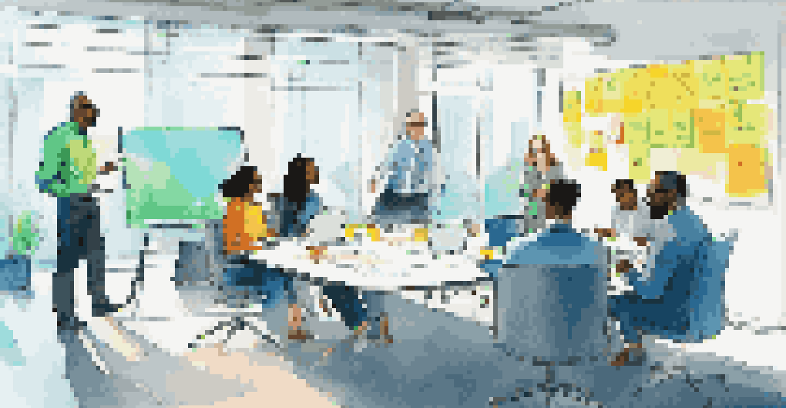A diverse group of professionals brainstorming in a bright meeting room with laptops and a whiteboard.