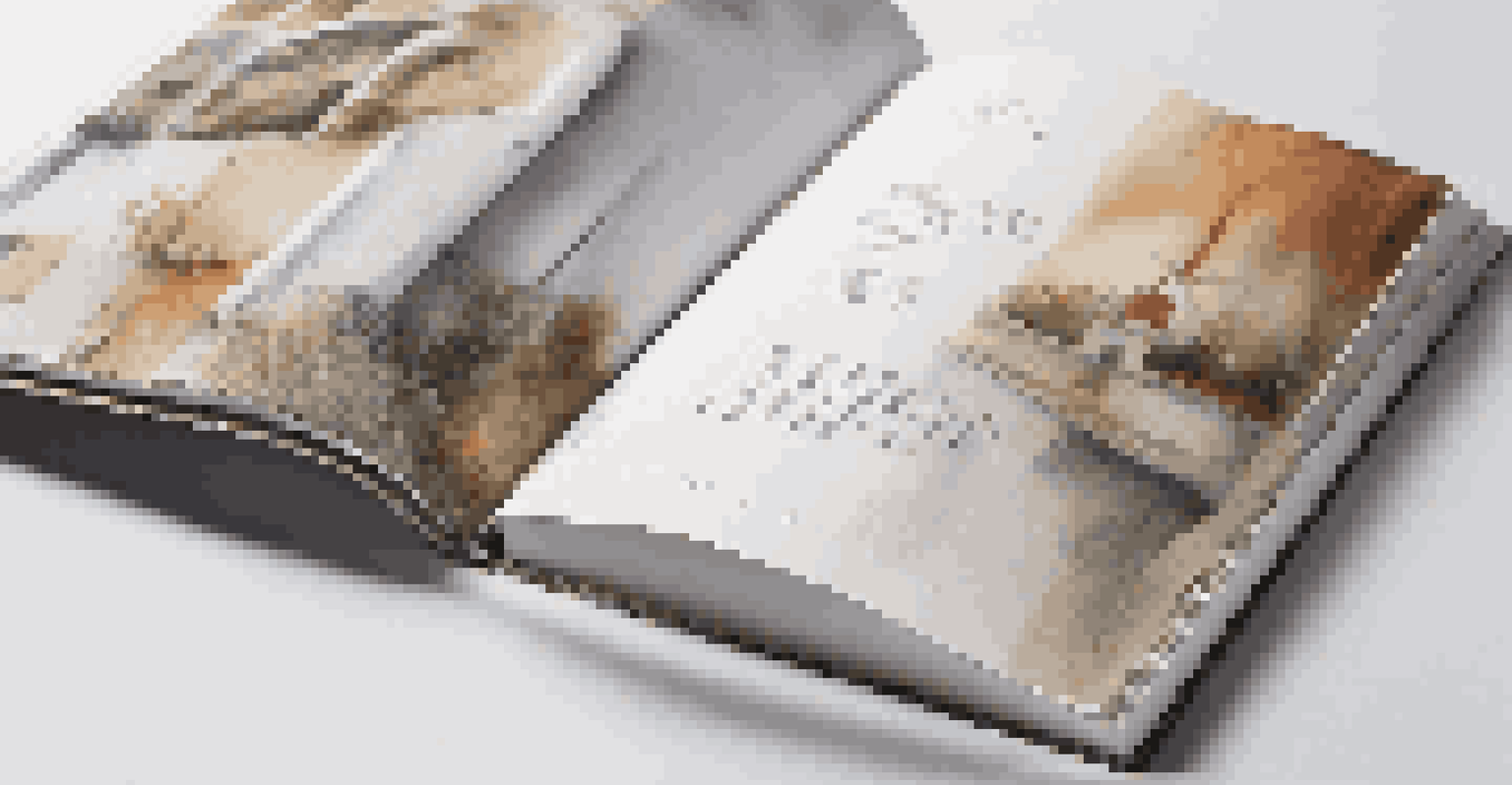 A close-up of an open portfolio book displaying a project description and images in an elegant layout.