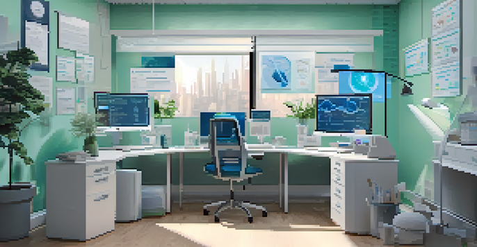 A healthcare workspace with a computer displaying a virtual consultation, medical devices, and charts in a well-lit room.
