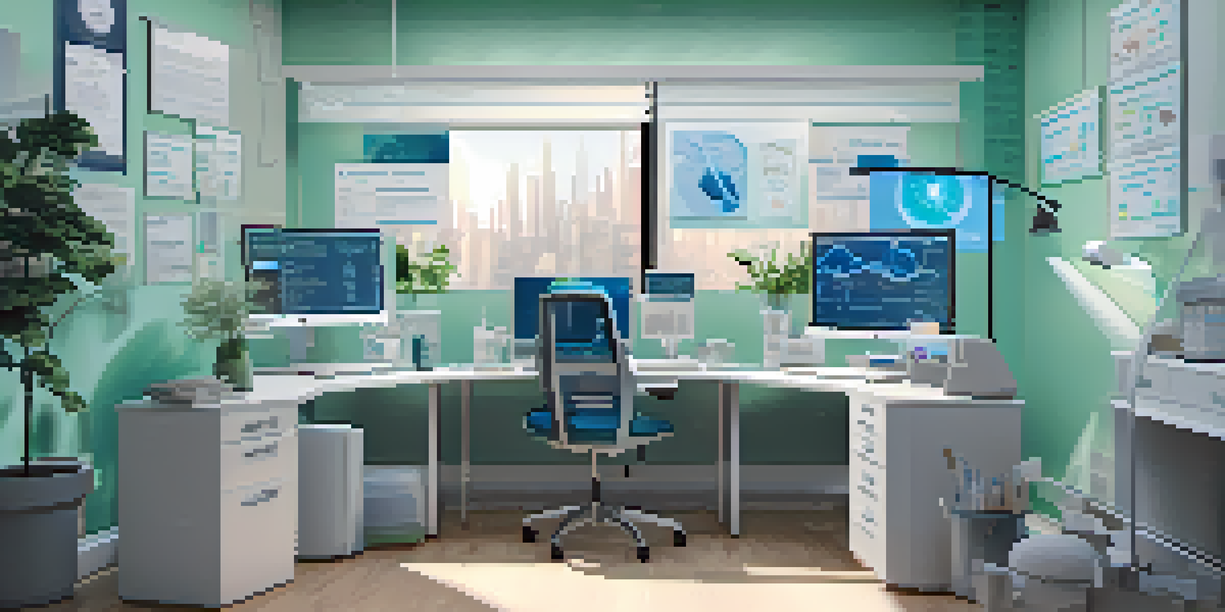 A healthcare workspace with a computer displaying a virtual consultation, medical devices, and charts in a well-lit room.