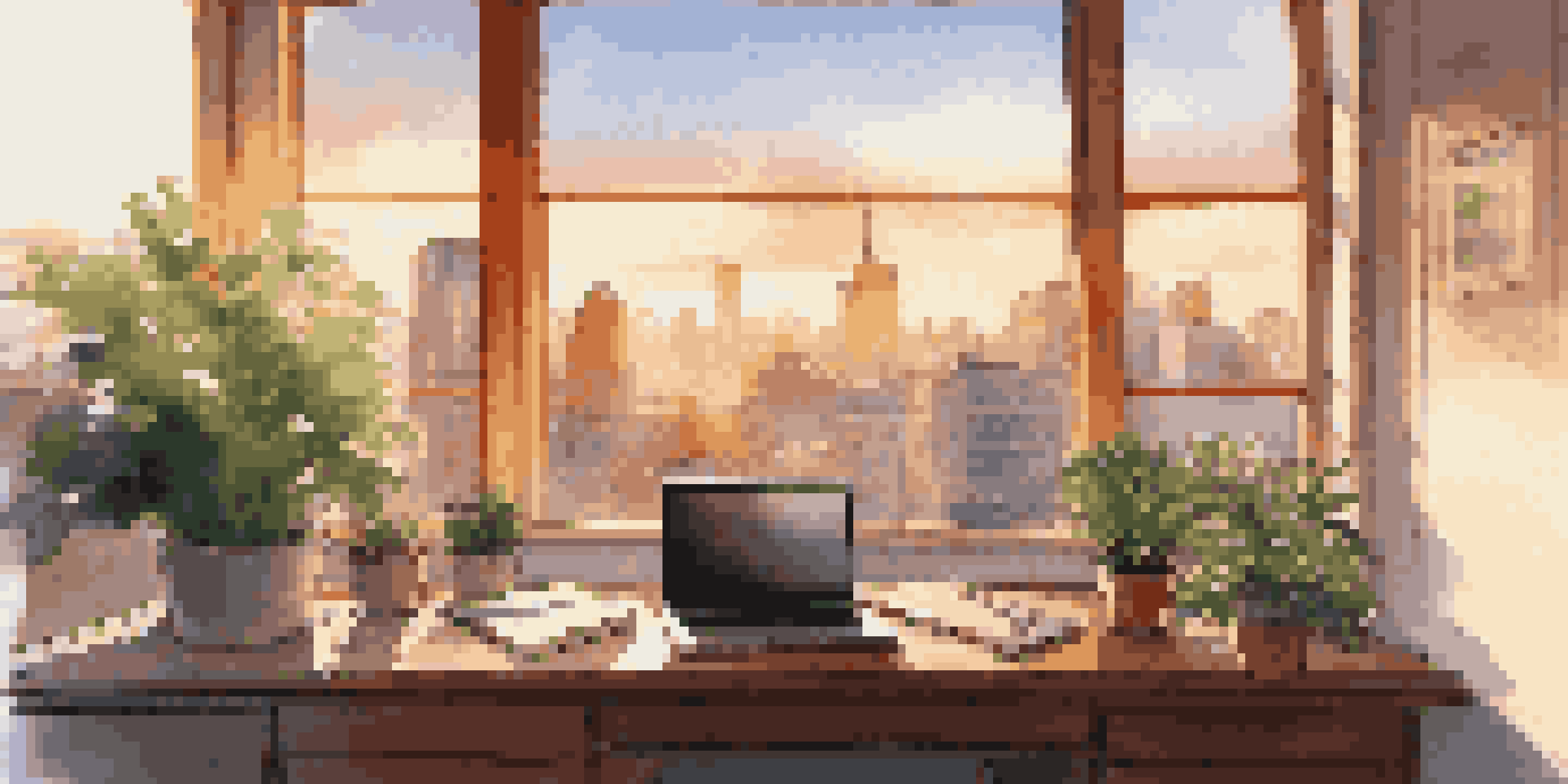 A bright office space with a view of a city at sunset, featuring a laptop on a desk, a notepad, a coffee cup, and a potted plant.