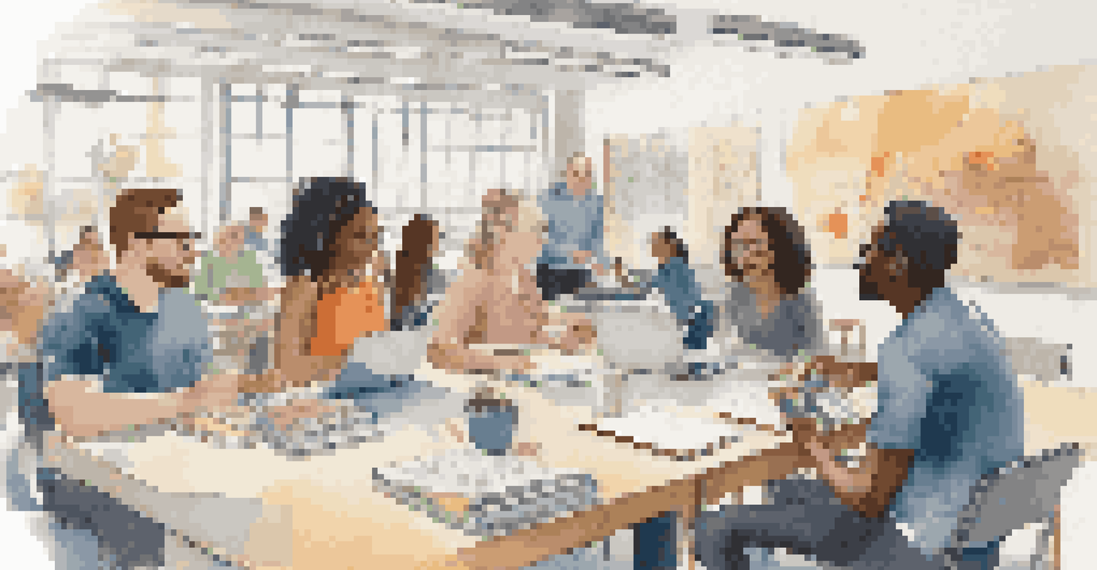 A diverse group of adults discussing around a table in a bright classroom filled with notebooks and devices.