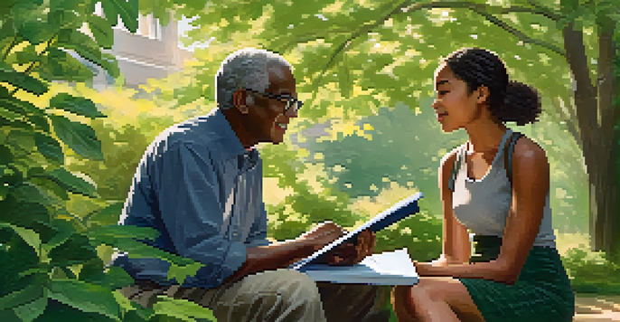 A mentor and mentee having a conversation in a peaceful outdoor environment with greenery and sunlight.