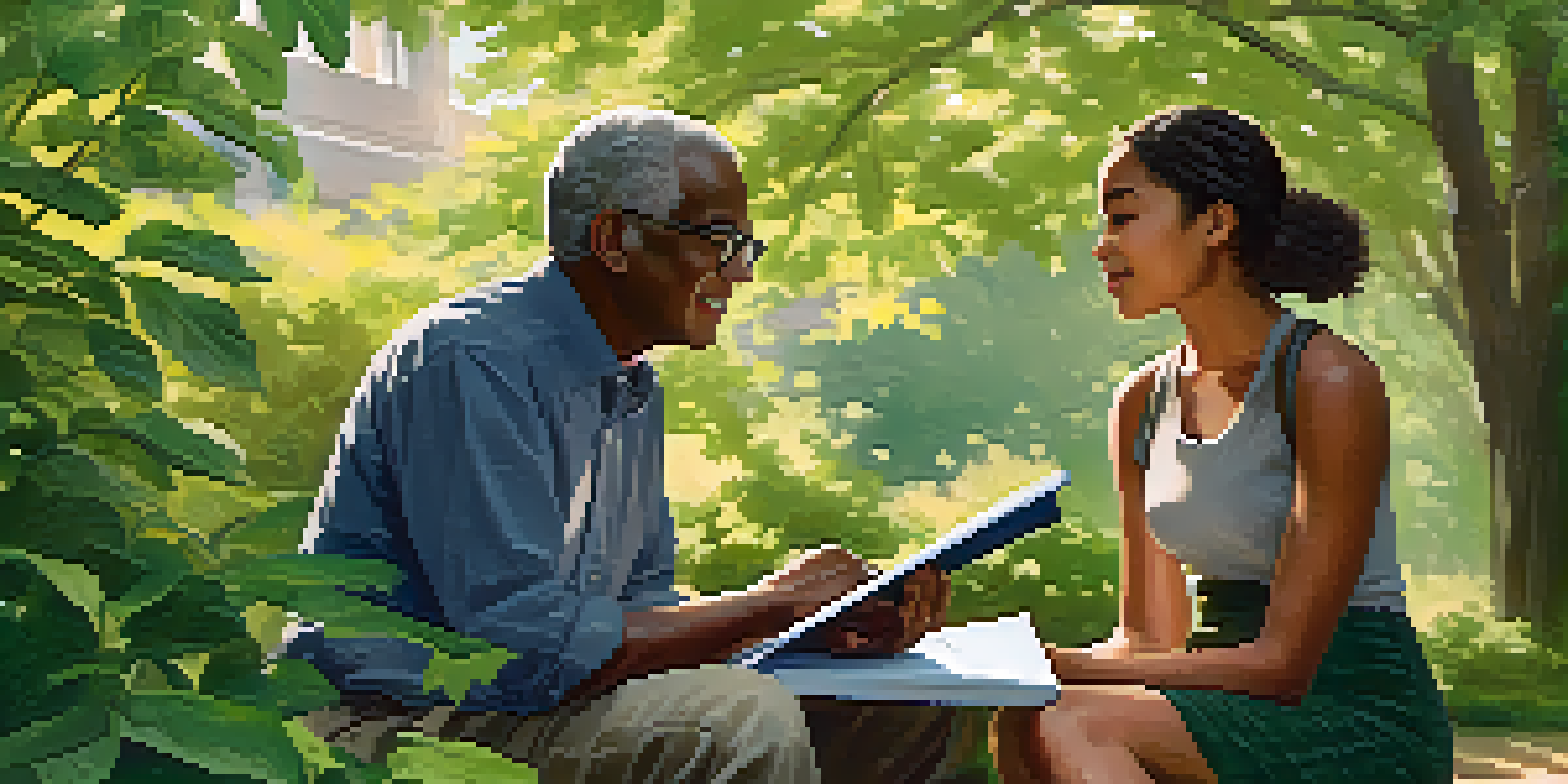 A mentor and mentee having a conversation in a peaceful outdoor environment with greenery and sunlight.