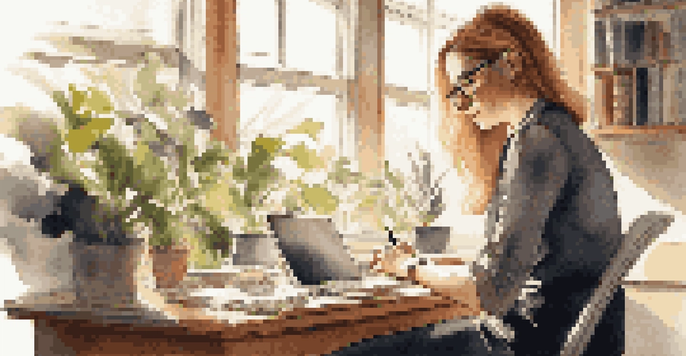 A professional woman working at a desk with a laptop, surrounded by plants and books, illuminated by sunlight from a large window.