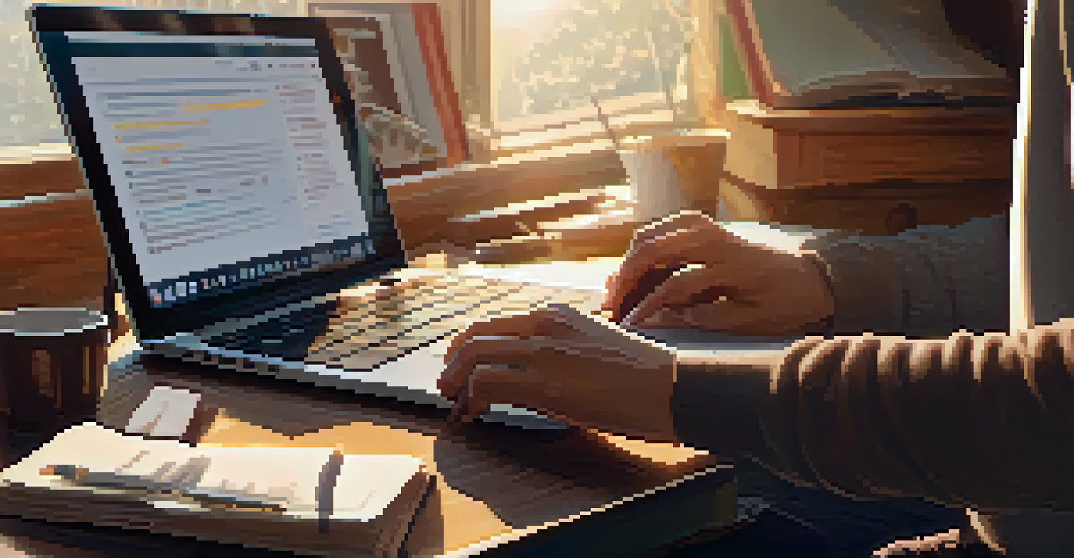 Close-up of a gig worker's hands on a laptop in a cozy home office, with notebooks and a coffee mug on the desk and sunlight streaming through a window.