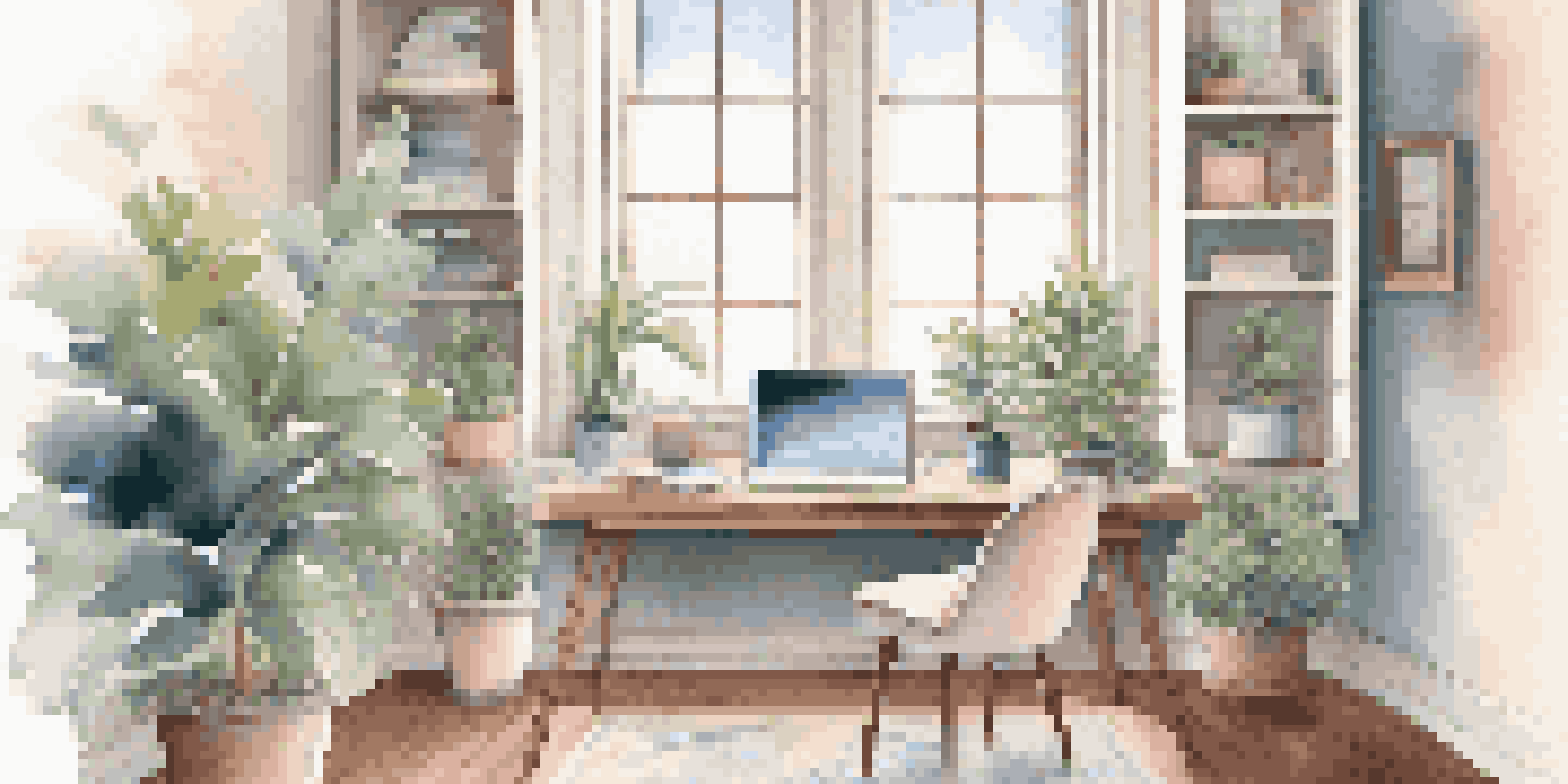 A bright home office with a large window, organized desk, laptop, notepad, coffee mug, and a plant in the corner, all in soft pastel colors.