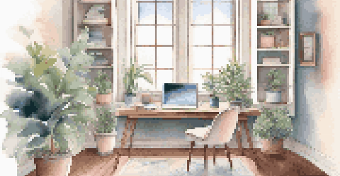 A bright home office with a large window, organized desk, laptop, notepad, coffee mug, and a plant in the corner, all in soft pastel colors.