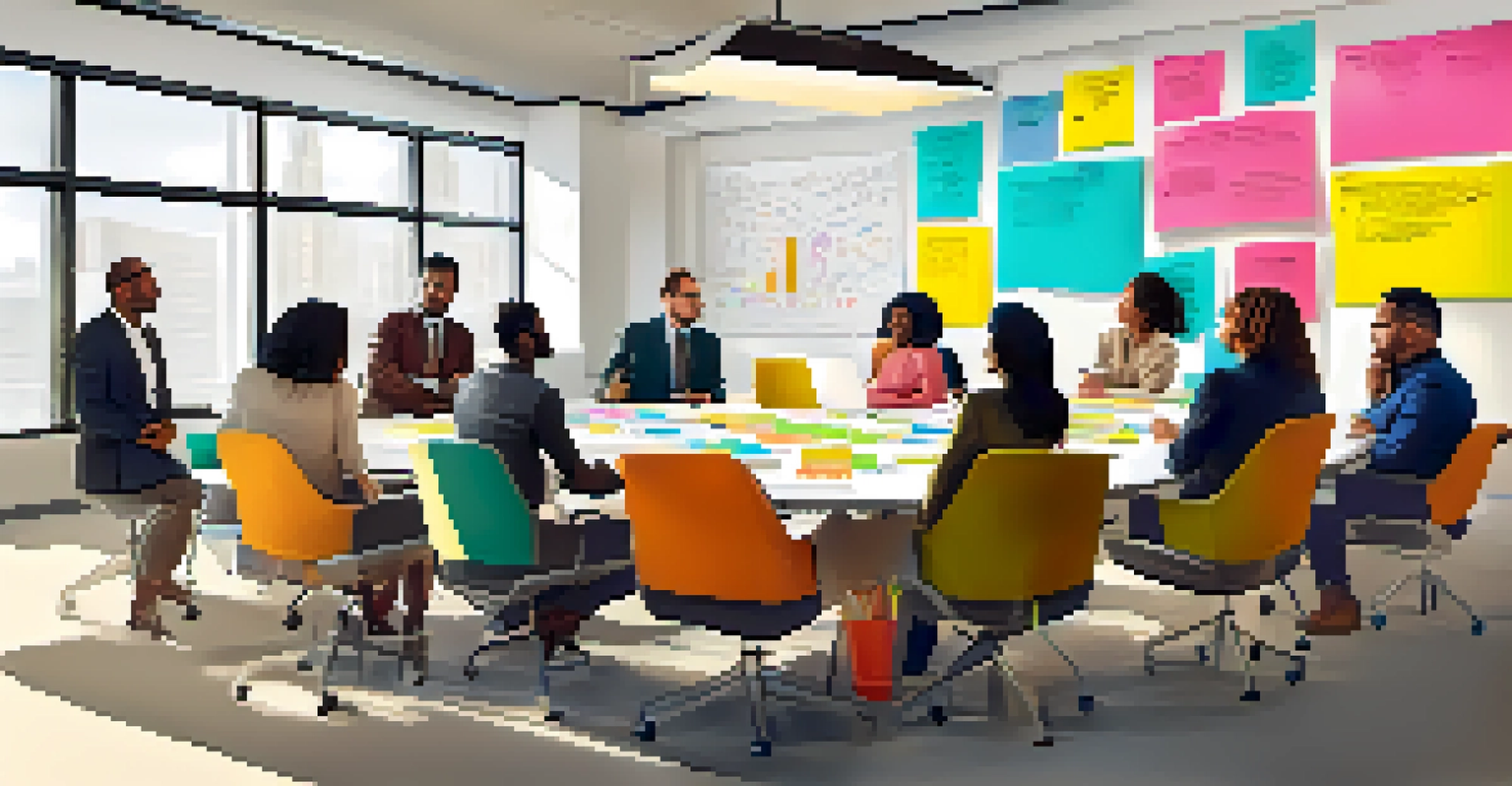 A diverse group of professionals engaged in a brainstorming session in a bright conference room.