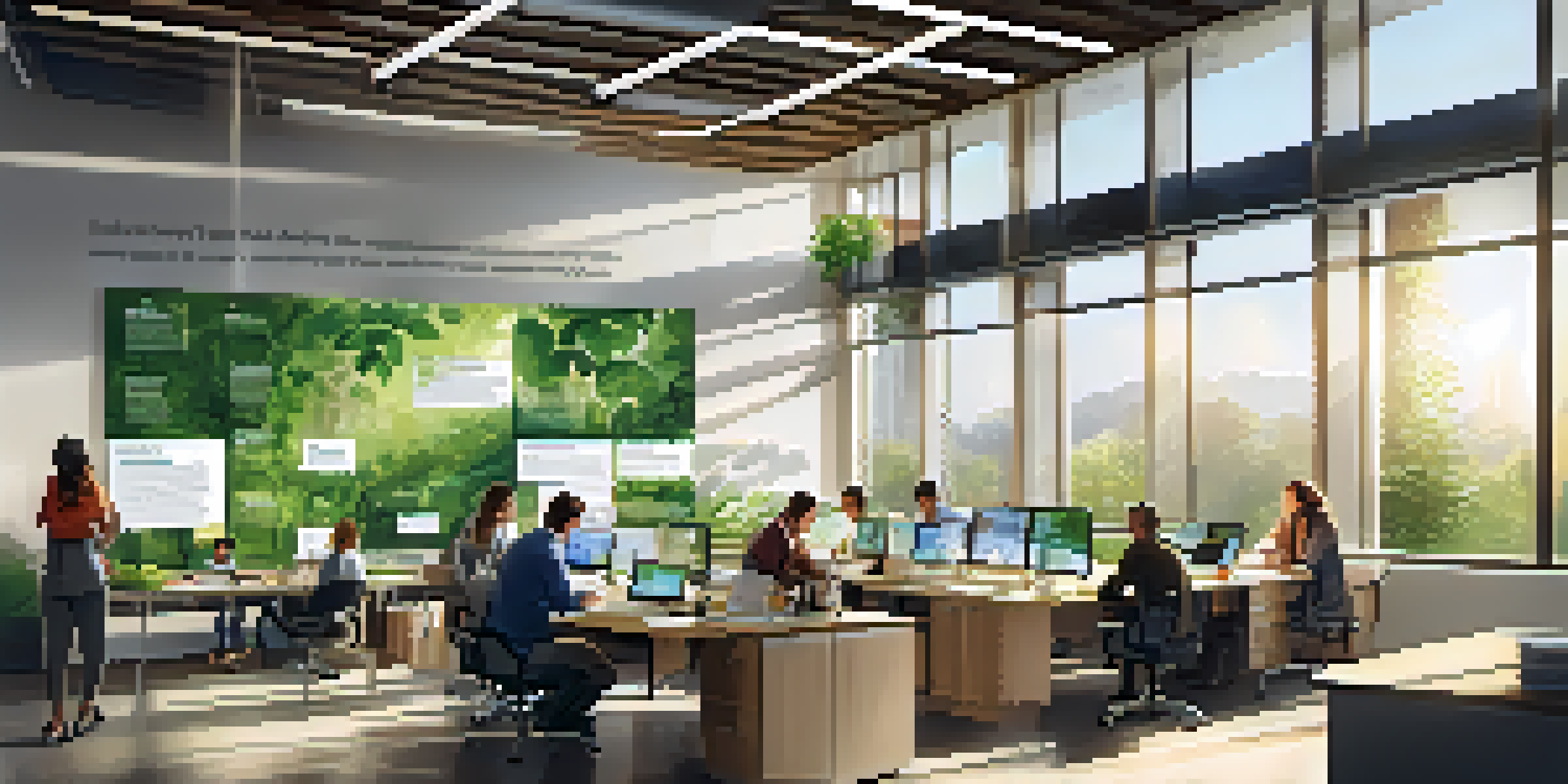 A diverse group of employees in a bright office discussing a sustainability project with plants and infographics around them.