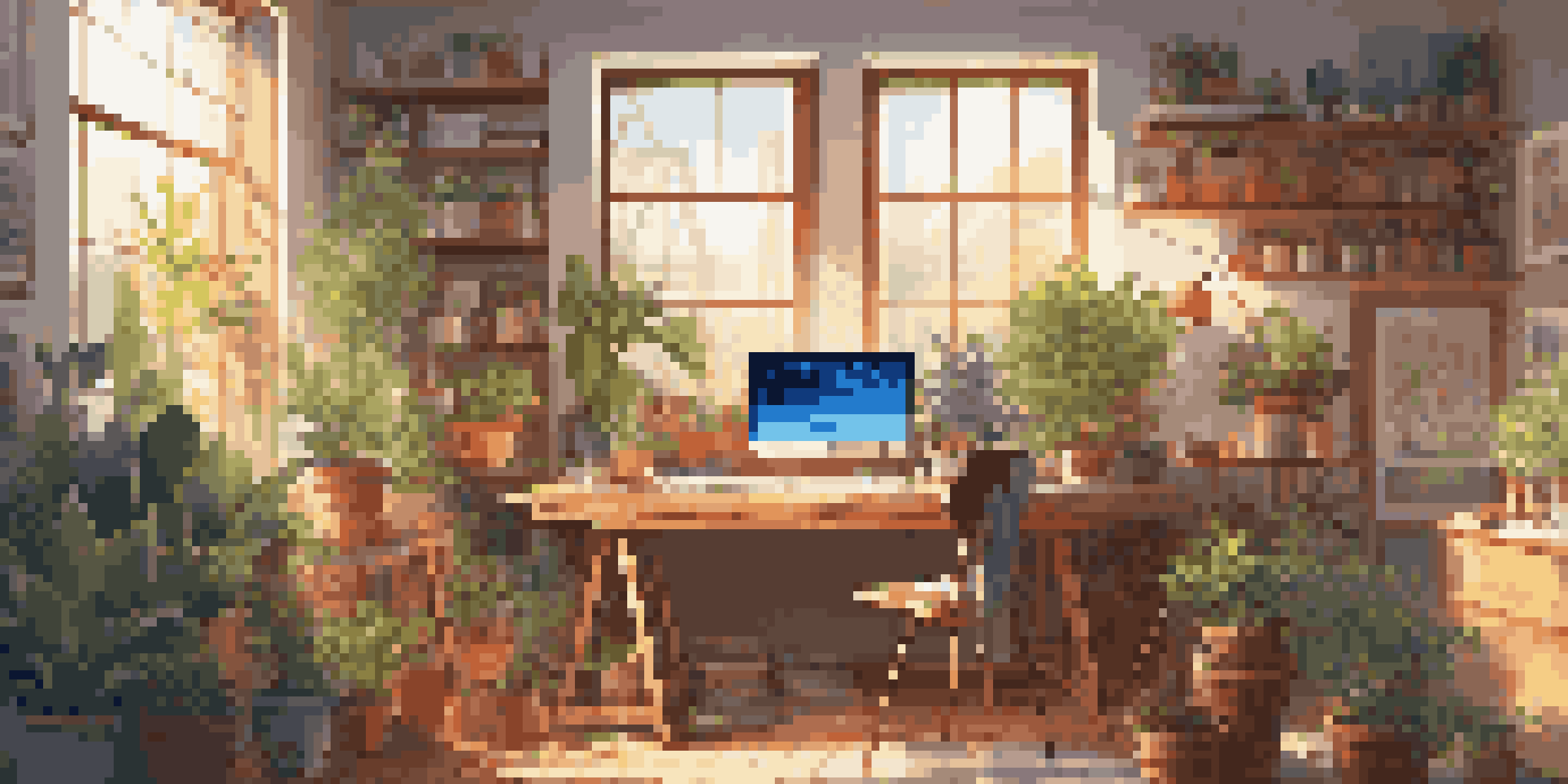 A bright and colorful digital art studio filled with art supplies and a glowing monitor showing designs, illuminated by sunlight.