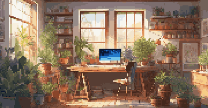 A bright and colorful digital art studio filled with art supplies and a glowing monitor showing designs, illuminated by sunlight.