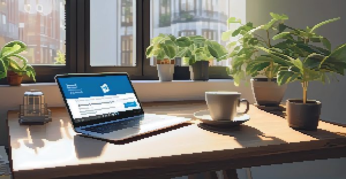 A well-organized desk with a laptop displaying a LinkedIn profile, complemented by plants and a coffee cup, with sunlight illuminating the area.