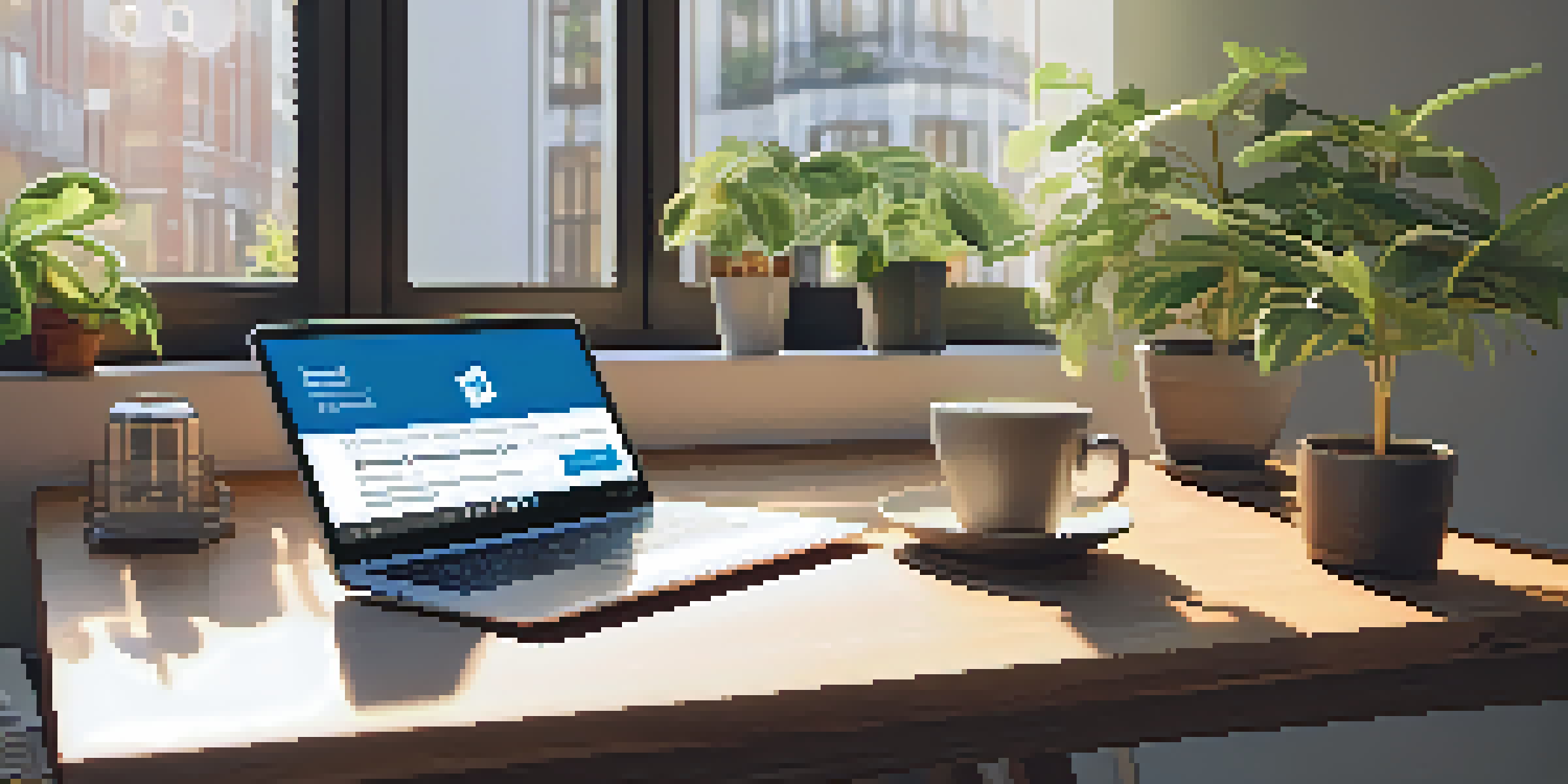 A well-organized desk with a laptop displaying a LinkedIn profile, complemented by plants and a coffee cup, with sunlight illuminating the area.