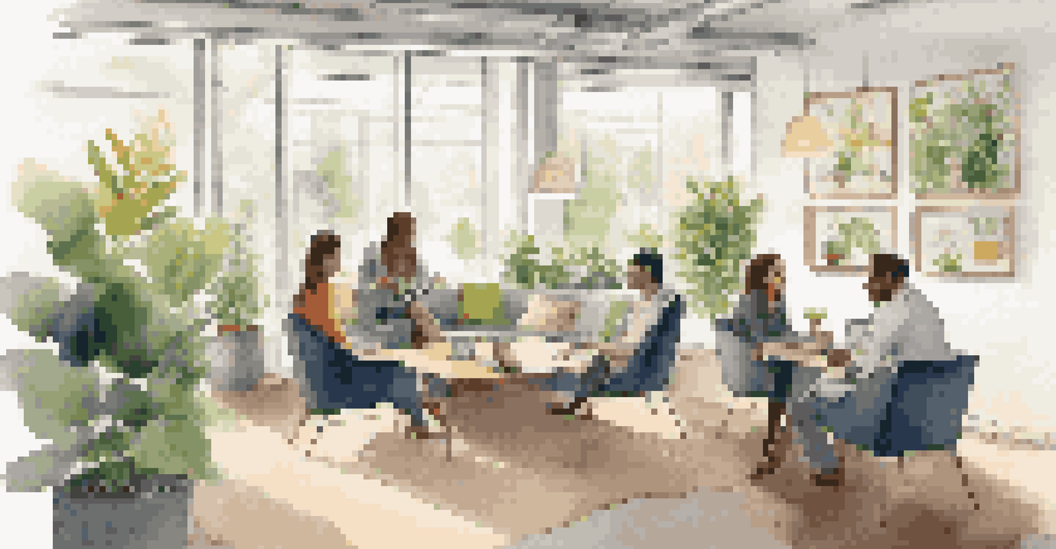 A cozy office space designed for collaboration, with employees discussing strategies in a comfortable setting.
