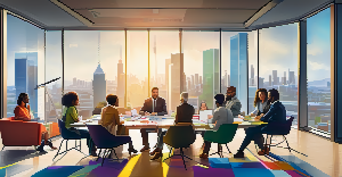A diverse team of professionals brainstorming together around a table in a well-lit room with city views.